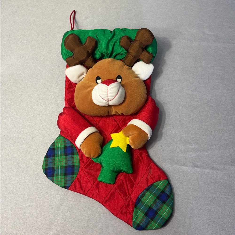Vintage Puffy Nylon Reindeer Christmas Stocking Quilted Holiday Parachute 18”